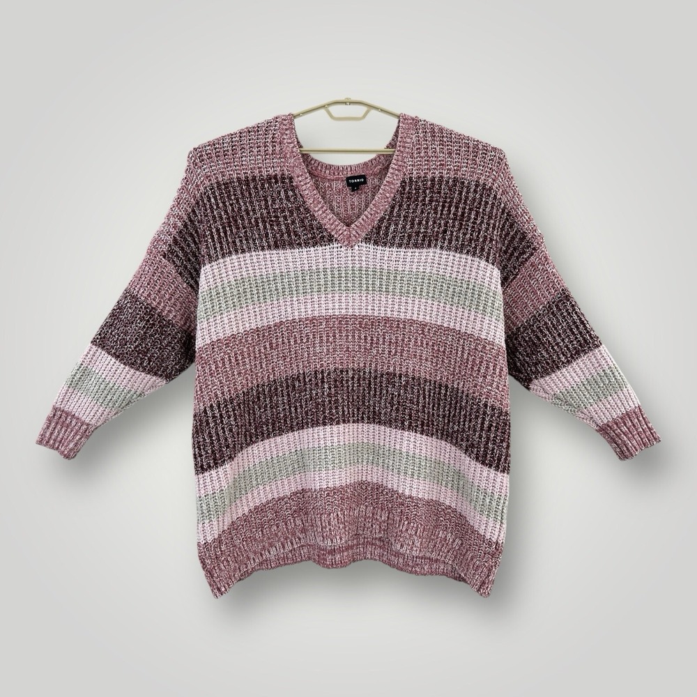 Torrid Slouchy V-Neck Tunic Sweater Size 4 4X Chunky Cozy Stripe Top Pink Tones
